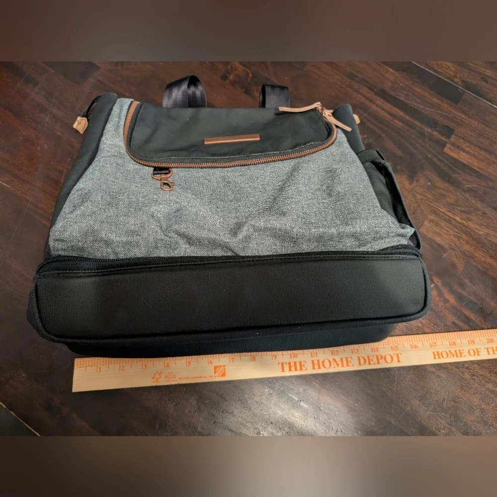 Petunia Pickle Bottom Pivot Black and Gray Diaper Bag, Rose Gold Hardware.